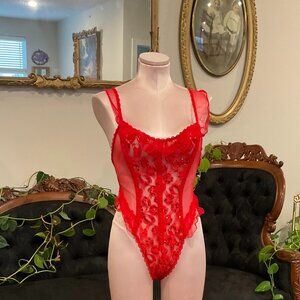 Vintage Victoria's Secret Sequin Lace Mesh Bodysuit High Leg ruffle Size M Red